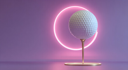 3D render of a golf ball on a tee with a neon light