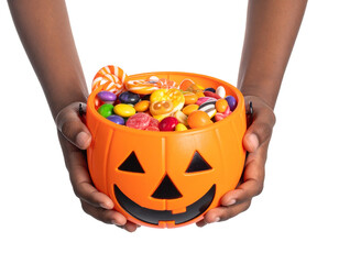Child Hand Holding Orange Halloween Bucket Filled with Candies on Transparent Background
