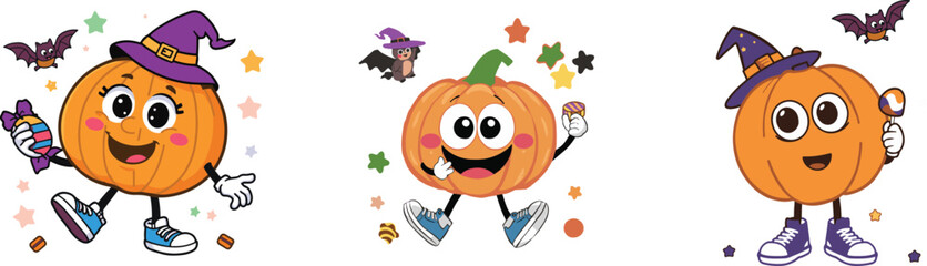 Cute Pumpkin Witch Character Holding Candy for Halloween fire flames set
