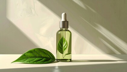 Cosmetic bottle with leaves in sunlight