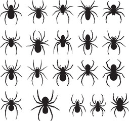Variety of Spider Silhouettes on White Background