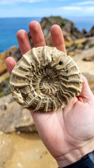 Fossil ammonite held in hand by ocean