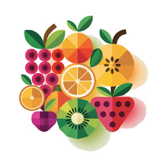 Vector art of a colorful geometric illustration of various fruits, including oranges, strawberries, kiwi, and grapes