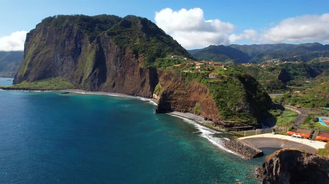 Madeira island nature scenery. aerial  drone 4k hd video of beautiful rocky coast and Faial village in northern part. Portugal