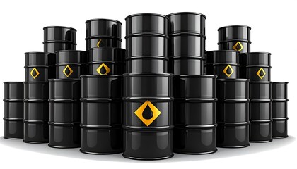 Black oil barrels in a stacked formation