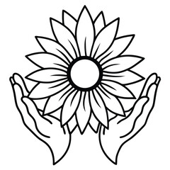 Vector art of hands holding a sunflower in black and white