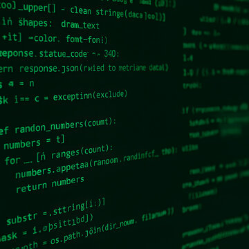 Programming code on computer screen with green text, software development and coding concept, cybersecurity data processing background, hacker terminal interface, digital technology script programming