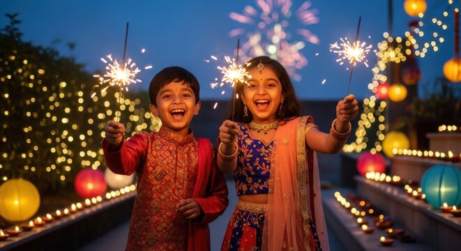 Indian festival of lights with kids playing with fireworks, Diwali celebrations