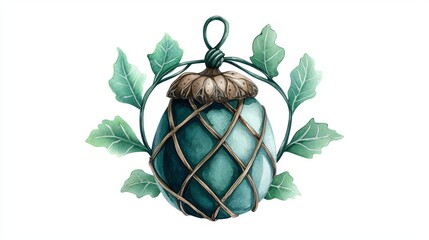 A beautifully illustrated green acorn surrounded by delicate leaves, showcasing nature's intricate designs.