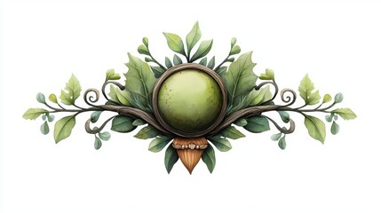 An artistic decorative element featuring green leaves and a circular motif, suitable for various design projects.
