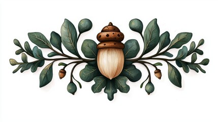 An elegant floral design featuring a stylized acorn and oak leaves, perfect for nature-themed art and decor.