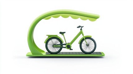 A modern green bicycle parked under a stylish shelter, promoting eco-friendly transportation solutions.