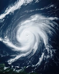 Powerful Hurricane Forming Over the Ocean With Distinct Spiral Pattern and White Clouds