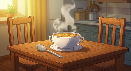 Bowl of soup on wooden table