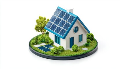 A miniature model of an eco-friendly house featuring solar panels and lush greenery, showcasing sustainable living.