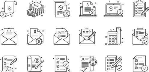 Finance and accounting icons, invoice, tax, payment, audit, calculator, contract, business report, vector illustration