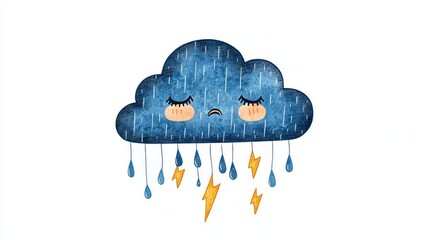 A sad rain cloud with tears and lightning, illustrating gloomy weather and emotions.