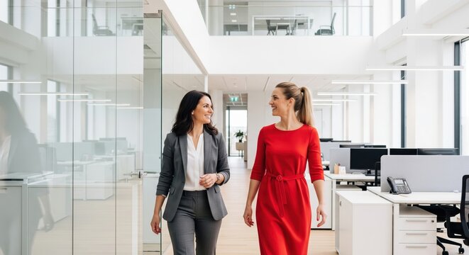 Two Confident Businesswomen Walking And Conversing In Modern Office Environment