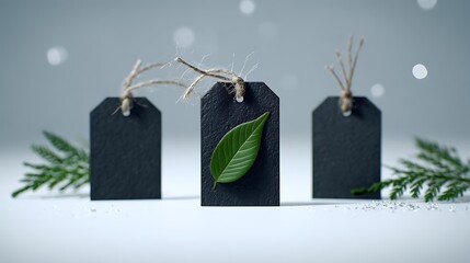 Three black tags with twine ties and a green leaf on the middle tag on a white surface