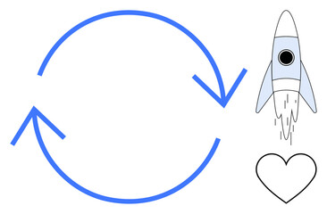 Blue circular arrows showing a continuous cycle, rocket launching upward, and a heart symbol. Ideal for innovation, teamwork, growth, passion, creativity startups progress. Simple flat metaphor