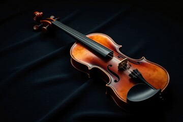 Fototapeta premium A polished violin rests on a dark fabric background, its rich wood grain highlighted by subtle lighting