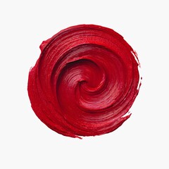 Vibrant red paint swirl with spiral texture on white background. Artistic red swirl of thick paint with radiant highlights.