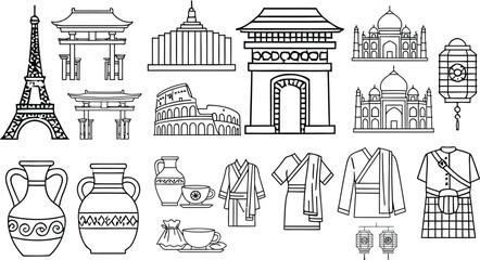 World landmarks architecture and culture icons eiffel tower colosseum taj mahal asian masks and lanterns