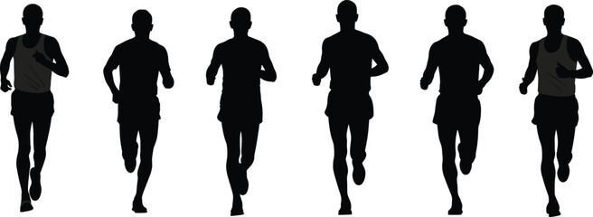 Front view jogging man silhouettes, marathon and running athlete vector illustration