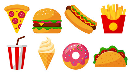 Colorful Cartoon Fast Food Icons Representing Popular Unhealthy Meal Choices and Delicious Treats for Design Projects and Educational Purposes