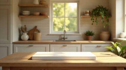 Sunlight Illuminates a Kitchen Countertop Displaying a Blank, White Rectangular Object, Ideal for Product Placement or Mockups in a Bright and Airy Room