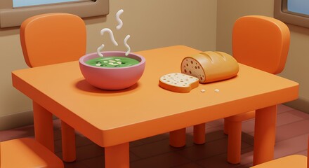 Orange table with soup and bread