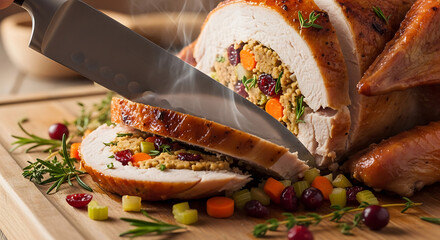 Carving a deliciously stuffed roasted turkey for a holiday meal