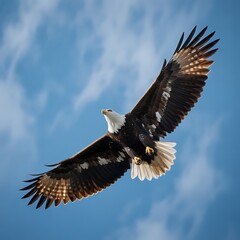 Obraz premium Majestic Bald Eagle Soaring Through Azure Skies with White Clouds Displaying its Wingspan and Graceful Flight Symbolizing Freedom and American Wildlife