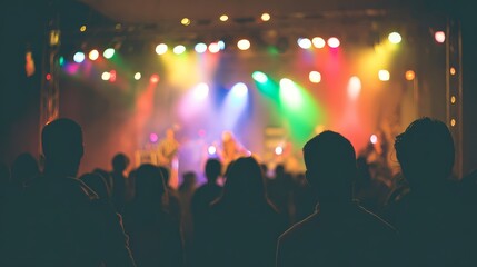 Vibrant music festival stage with cheering crowd, colorful lights, energetic performers, night concert celebration and cultural travel event