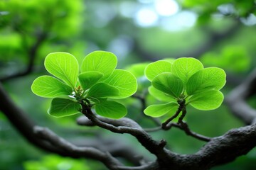 Obraz premium Fresh green leaves on a tree branch with soft sunlight and blurred nature background