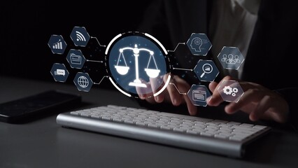 Futuristic digital law interface displaying justice scale, highlighting digital law, AI compliance,...
