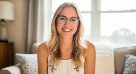 Portrait Of A Smiling Blonde Woman Wearing Glasses Sitting On Couch