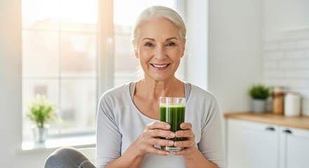 Mature Woman Smiling and Enjoying a Healthy Green Smoothie in Kitchen
