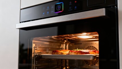Close Up Shot Of A Modern Oven Featuring Meat Being Cooked Inside