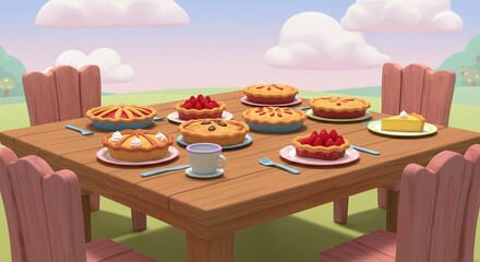 Table set with assorted pies and dessert