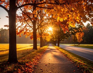 Autumnal sunbeams on a paved path