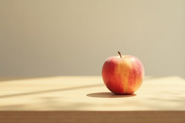 A single ripe apple rests on a light wooden surface, bathed in sunlight, creating a simple yet elegant still life composition.