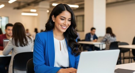 Smiling Young Woman Working on Laptop in a Busy Modern Office