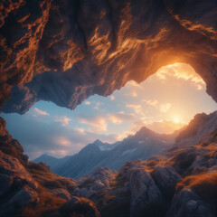 Sunset Through Cave Opening, Mountain Landscape View