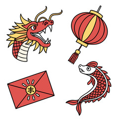 Vector art of a vibrant illustration showcases a collection of chinese new year symbols, including a majestic dragon head, a traditional red lantern, a lucky red envelope, and a playful carp, all