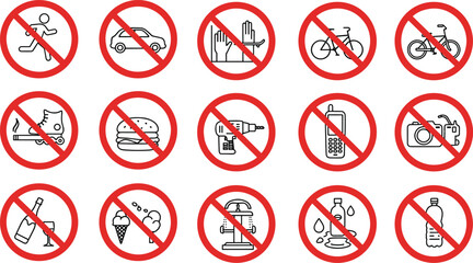 Prohibited signs icon set, forbidden activities and restricted items, no entry symbols, safety warning vector illustration