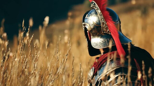 A detailed look at an ancient warrior in a shining helmet as he stands in a golden field at sunset. The wind softly sways the tall grass around him, creating a serene atmosphere