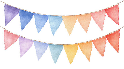 Fototapeta premium Watercolor pennant flags with frayed edges arranged in curved strand, isolated on transparent background. 