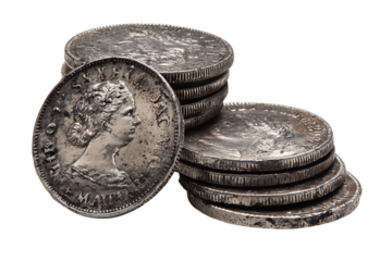 Antique coins with milled edges and oxidized texture, isolated on transparent background.
