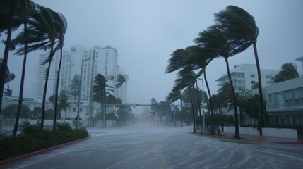 A flooded city street with strong winds bends palm trees during a severe storm, with high-rise buildings in the background under dark, cloudy skies